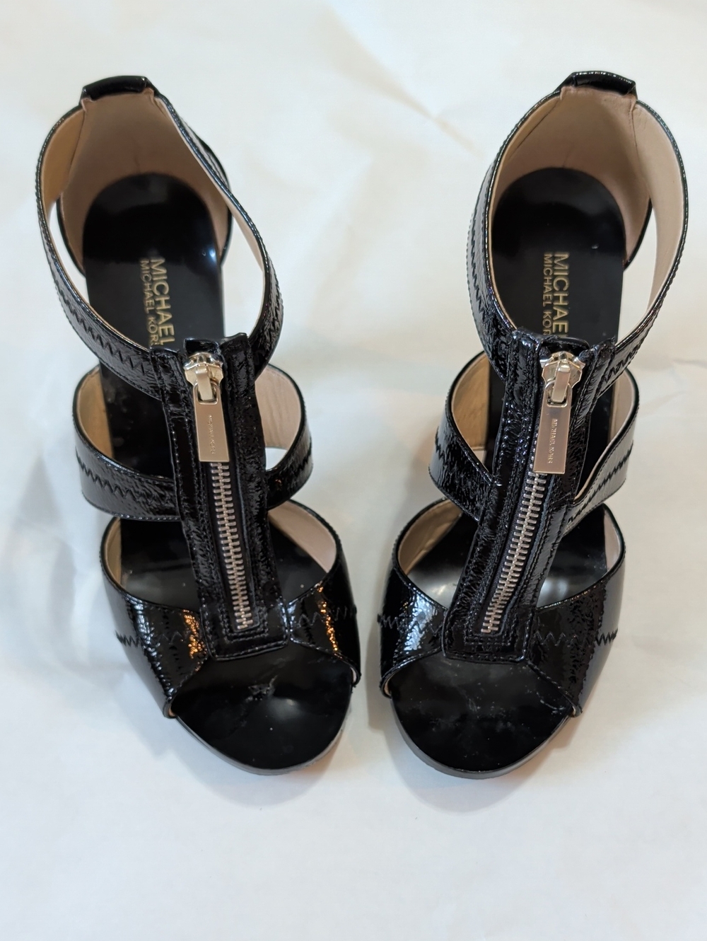 Michael Kors Black Patent Leather Heels Front-Zip Pumps Size 7 MK Cocktail Party